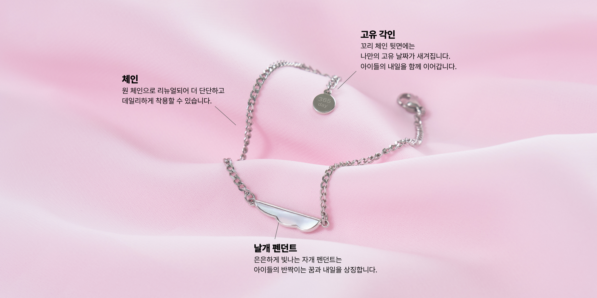 내일,꿈 up 팔찌 - 체인, 날개 펜던트, 고유 각인 소개